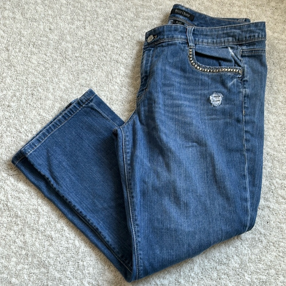 White House Black Market medium wash slim crop distressed pants